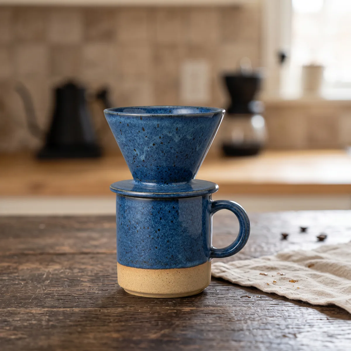 The mug on a rustic wooden table in a sunny kitchen
