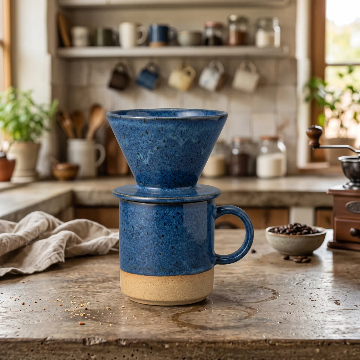 The mug on a worn stone counter, shelves of mugs behind